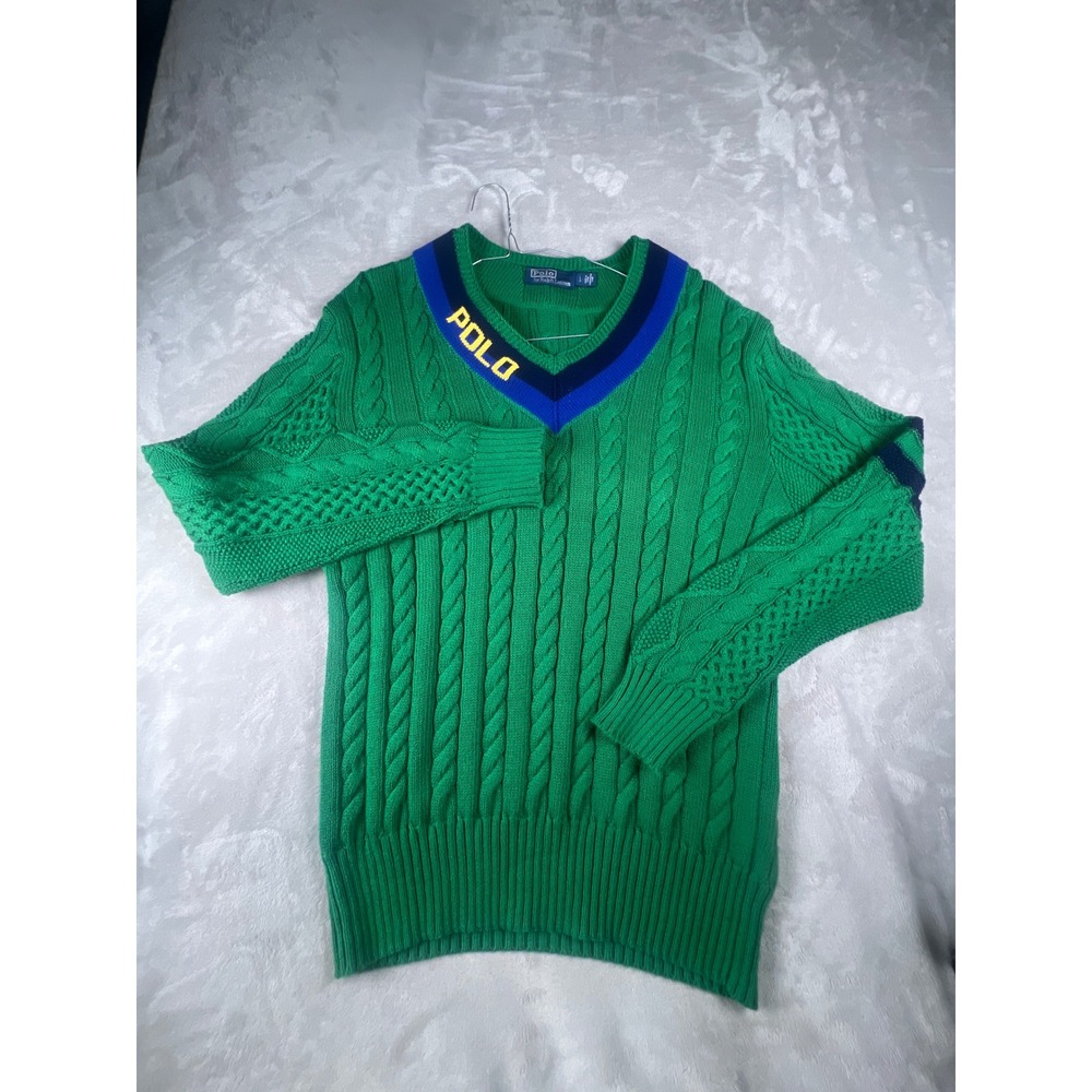 Polo Ralph Lauren Mens Green Cable Knit V-Neck Varsity Sweater Large